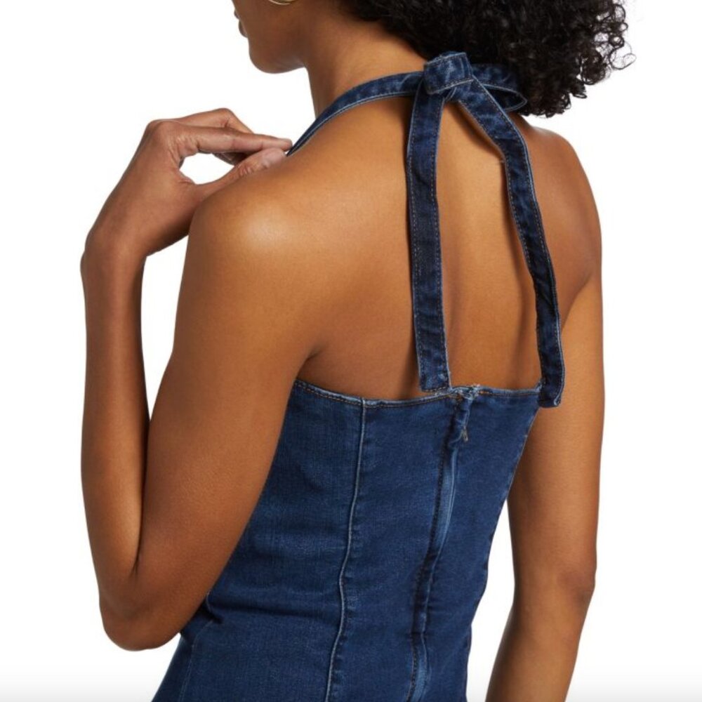 NWT The Reformation Evita Denim Halter Dress SIMCOE  Size 2 - Picture 3 of 6